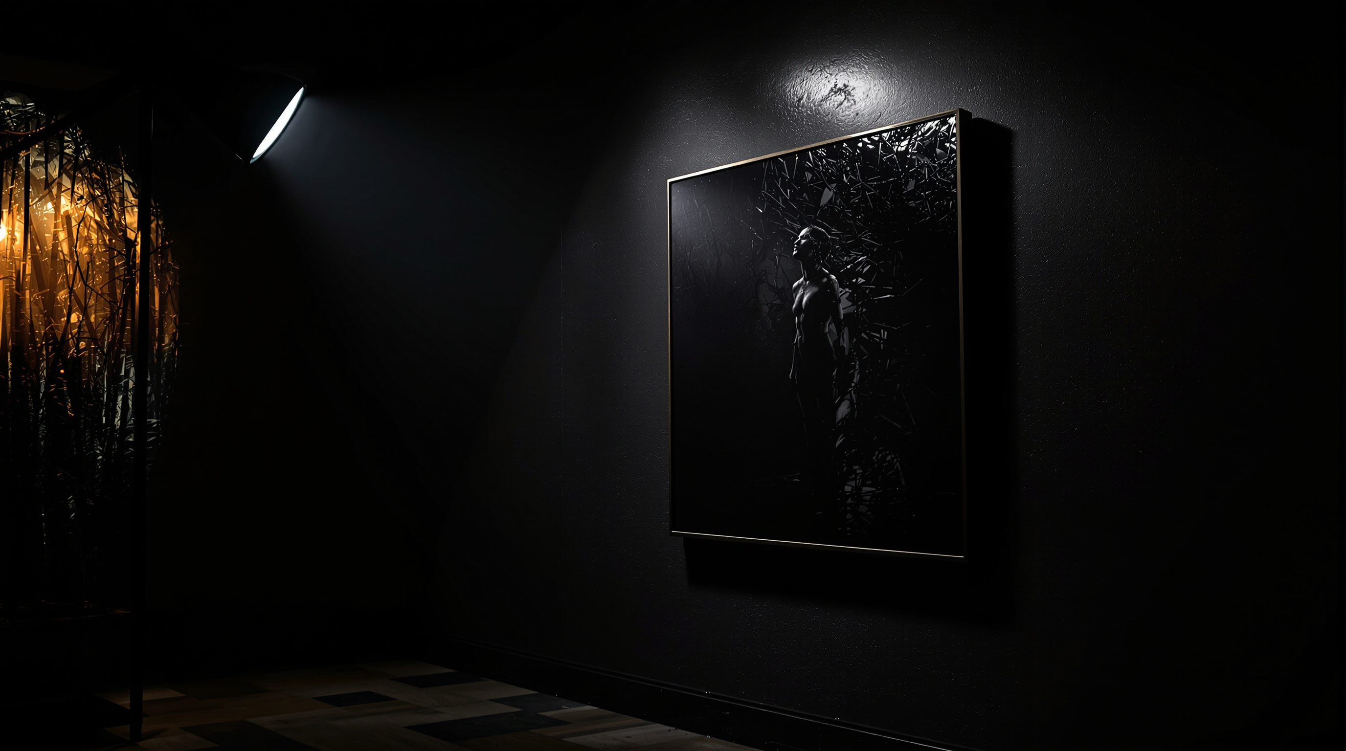 The Pixel Cake fine art photography studio — dramatic gallery wall with spotlight