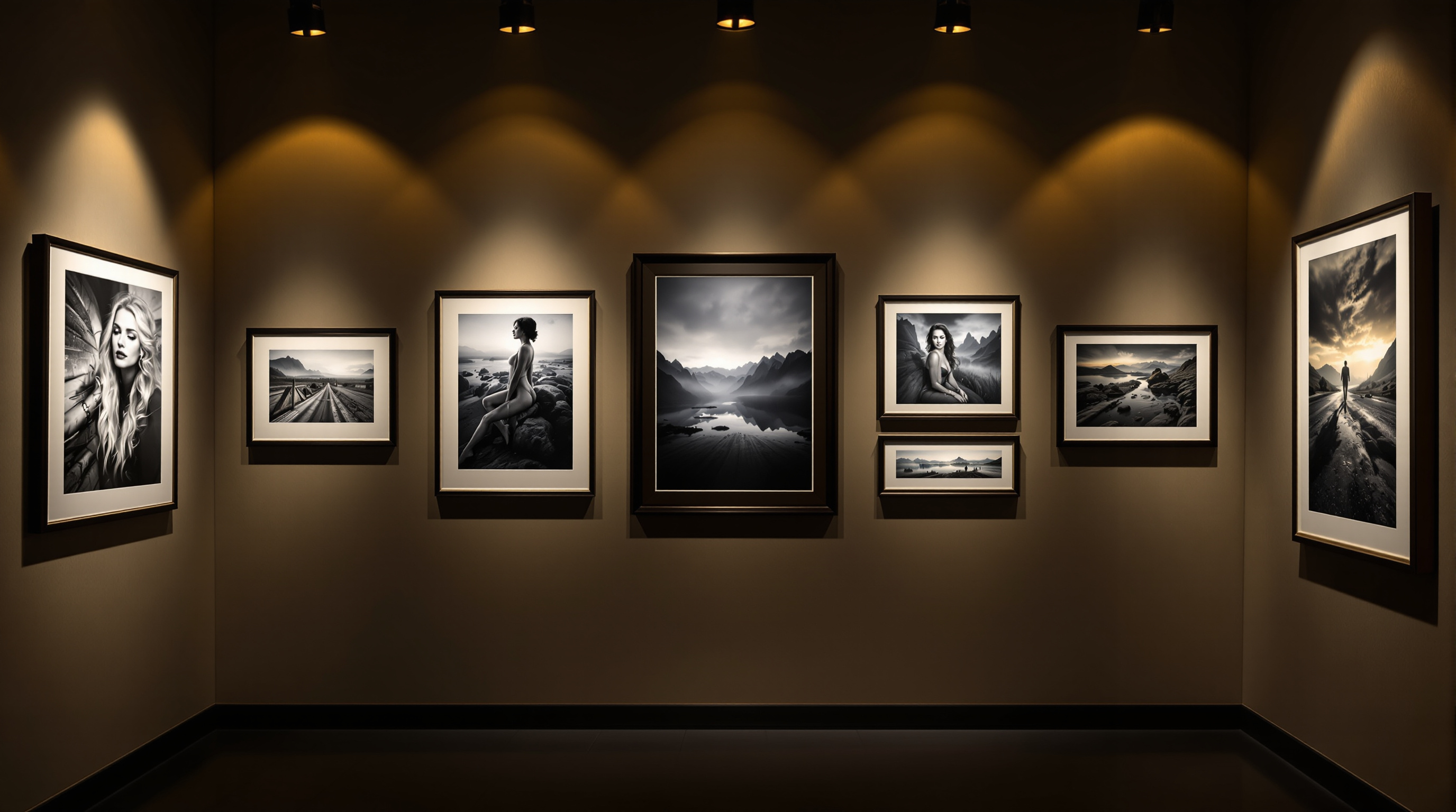 Gallery wall showcasing fine art photography prints at The Pixel Cake studio